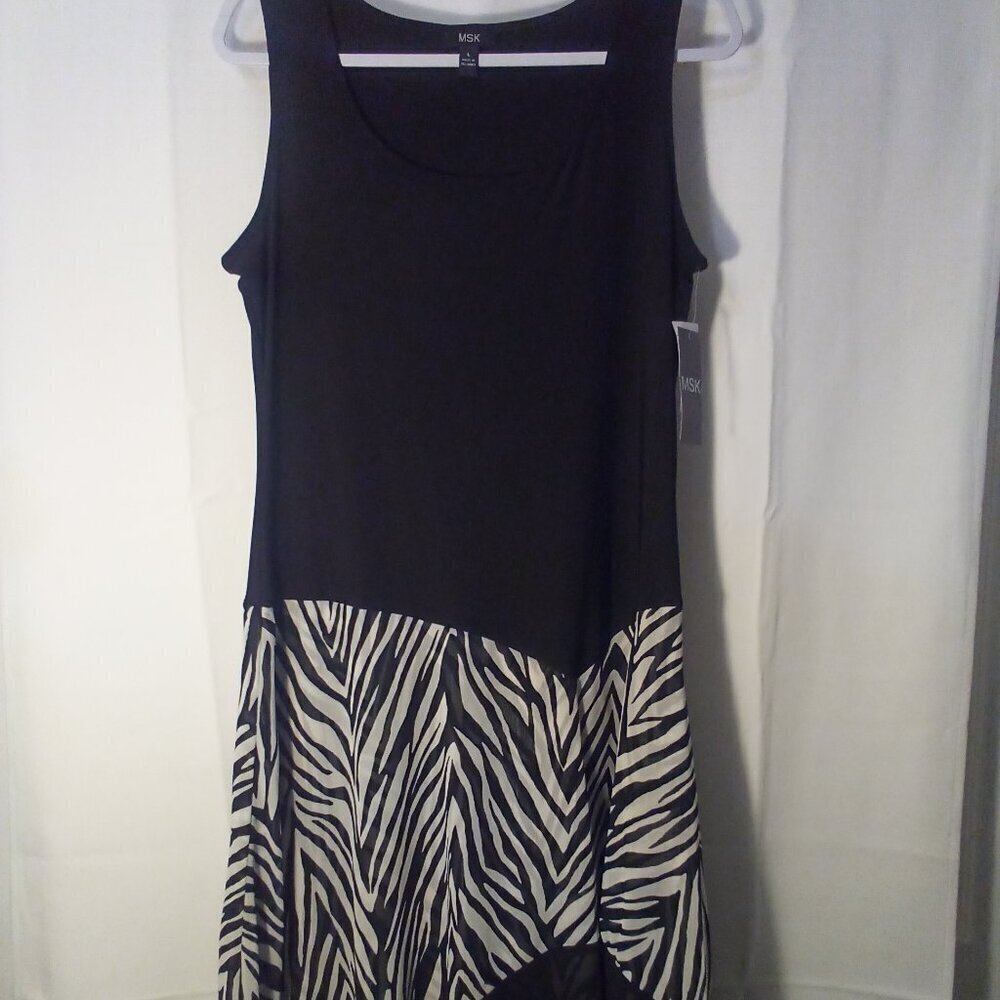 MSK Dress Women L Sleeveless Asymmetrical Hem Animal Print Black White